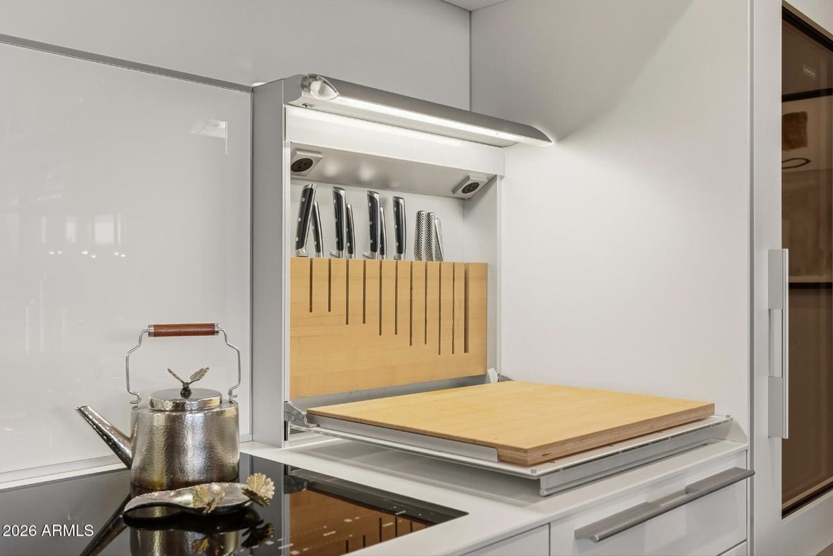 Fold-down knife block & cutting board station