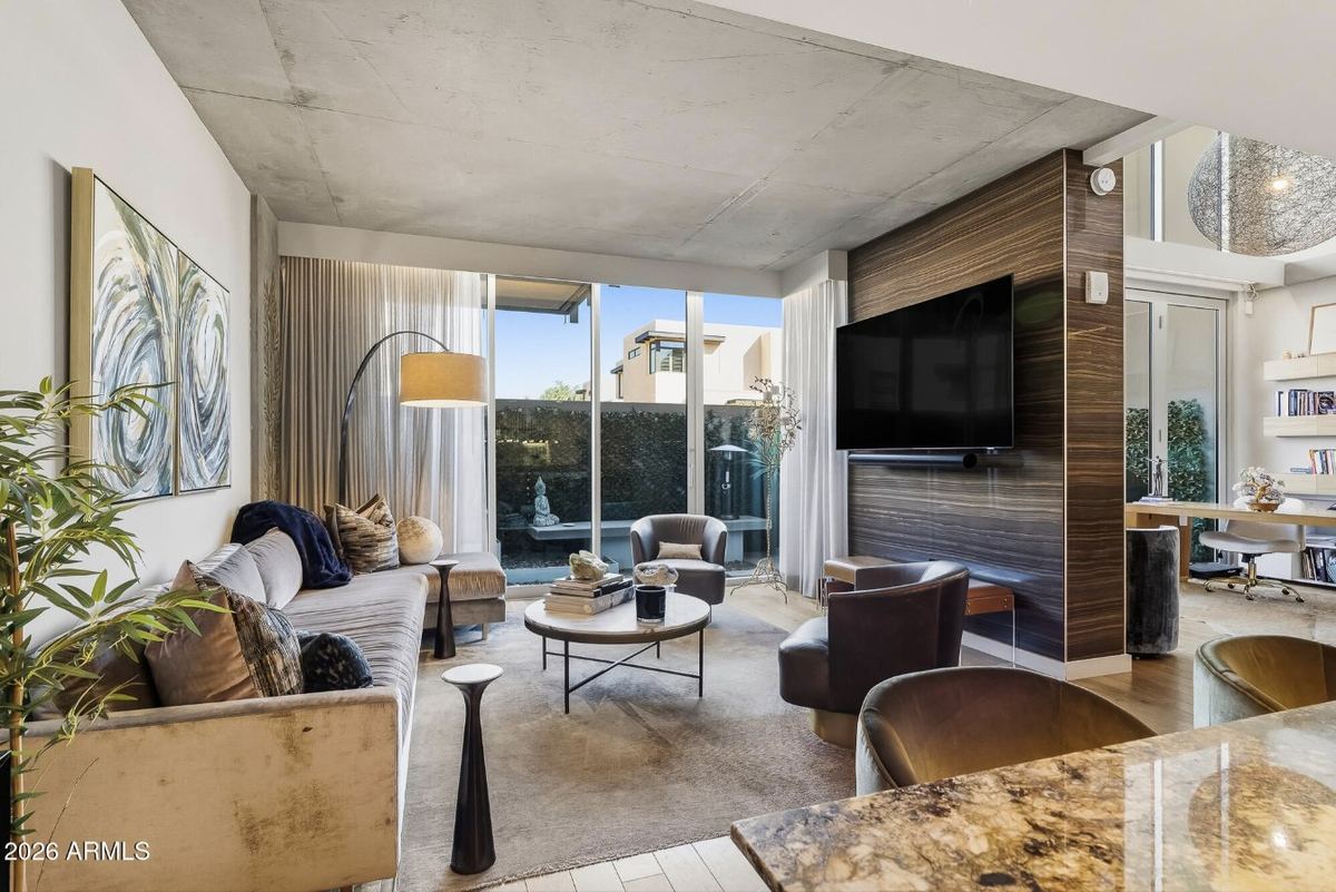 Living room with sliding glass to the Zen garden