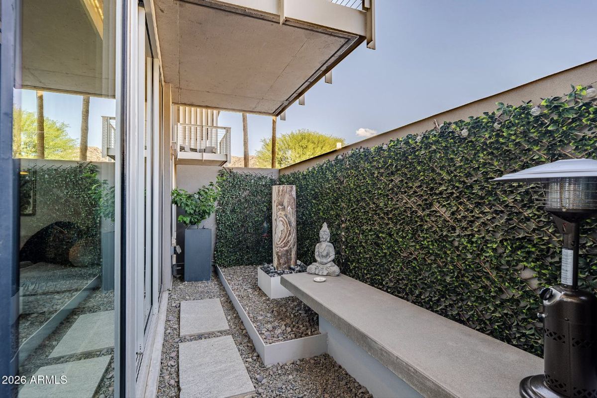 Zen garden with floating concrete bench