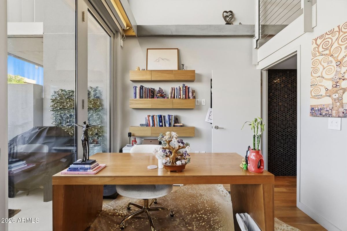 Den with floating shelves