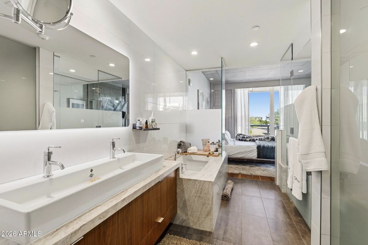 Trough sink & stone-surround soaking tub