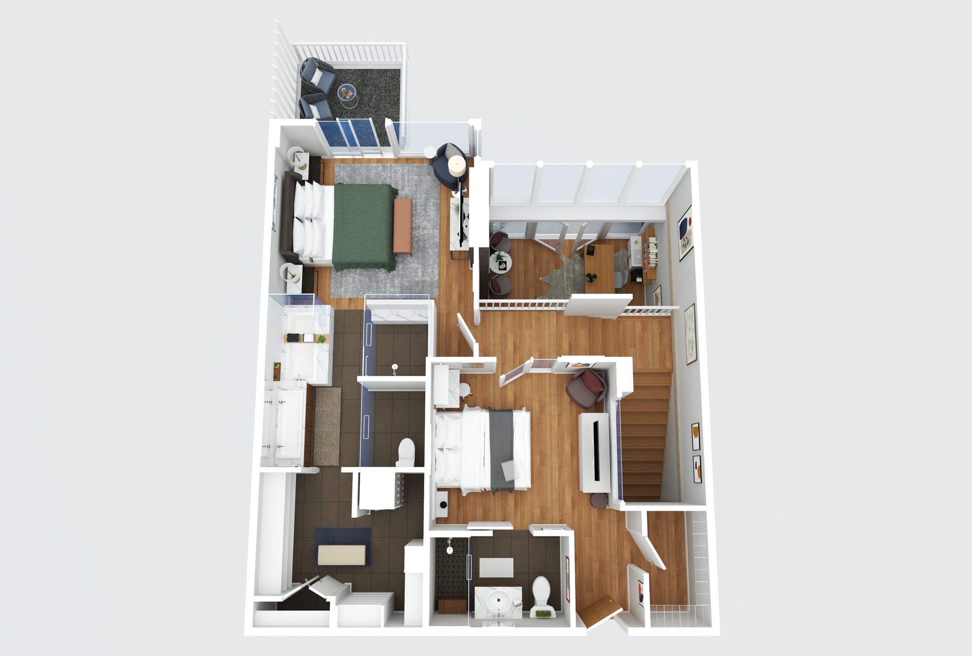 3D floor plan of the second floor at 5455 E Lincoln Dr #1014
